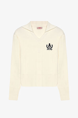 Arma Nakışlı Gömlek Yaka Triko Kazak Ekru