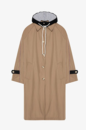 Kapüşonlu Kontrast Yaka Detaylı Oversize Trençkot Camel