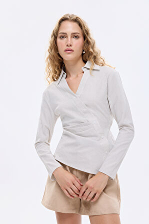 Asimetrik Düğmeli Drapeli Gömlek Ekru