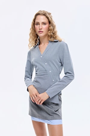 Asimetrik Düğmeli Drapeli Gömlek Gri