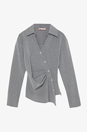 Asimetrik Düğmeli Drapeli Gömlek Gri