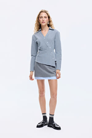 Asimetrik Düğmeli Drapeli Gömlek Gri