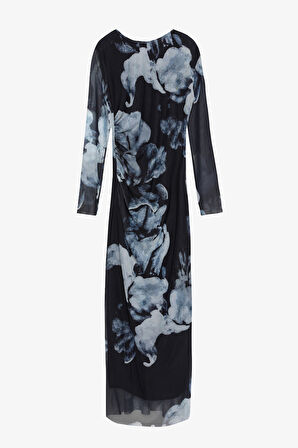 Sulu Boya Çiçek Desenli Drapeli Tül Elbise Lacivert