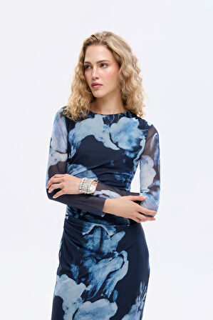 Sulu Boya Çiçek Desenli Drapeli Tül Elbise Lacivert