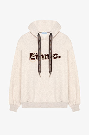 Yazı Nakışlı Kordonlu Oversize Sweatshirt Bej