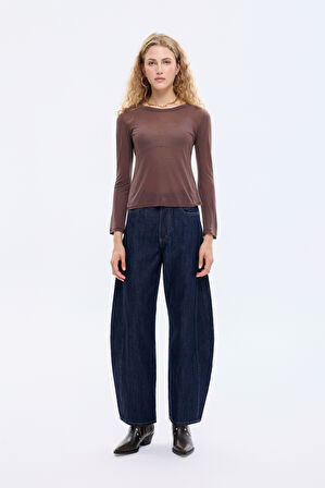 Bisiklet Yaka Basic Bluz Kahverengi