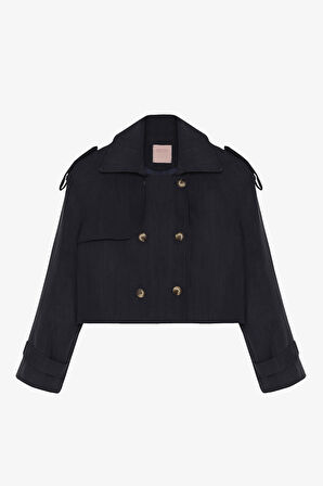 Çift Düğmeli Kruvaze Yaka Kısa Trençkot Lacivert