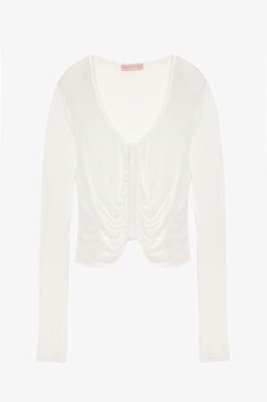 Önü Büzgülü V Yaka Transparan Bluz Ekru