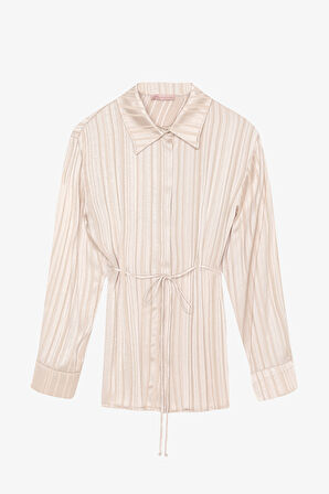Parlak Dokulu Çizgili Belden Bağlamalı Gömlek Bej