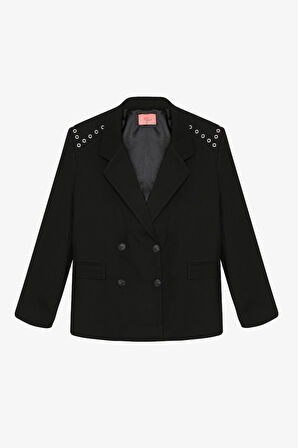 Kuş Gözü Detaylı Çift Düğmeli Oversize Blazer Ceket Siyah