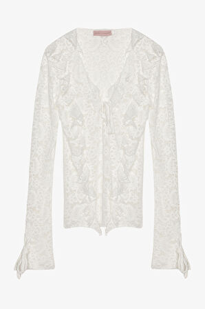 Fırfırlı V Yaka Dantel Bluz Ekru