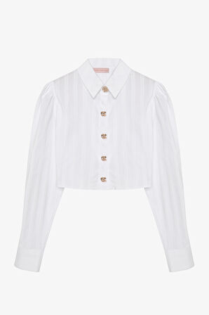 Gold Düğmeli Crop Gömlek Beyaz