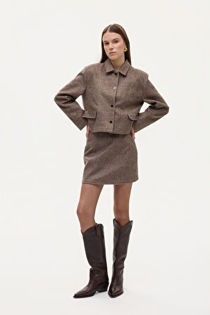 Dokulu Kapak Cepli Düğmeli Ceket Kahverengi