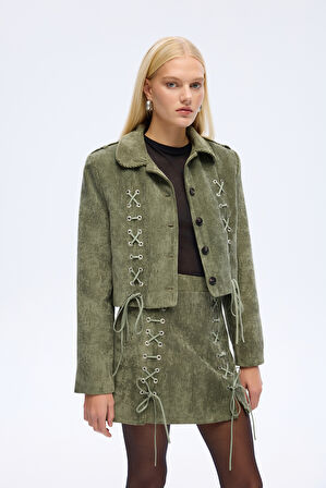 Bağcıklı Kadife Fitilli Mini Etek Haki