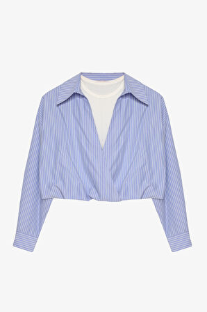 Çizgili Geniş Yaka Atlet Garnili Bluz Mavi