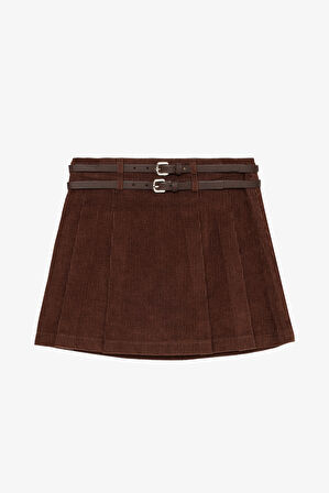 Çift Kemerli Pileli Kadife Mini Etek Kahverengi