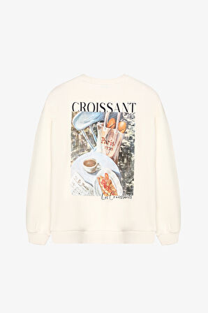 Kruvasan Baskılı Oversize Sweatshirt Ekru