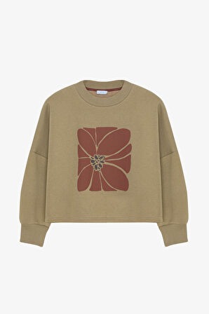 Çiçek Baskılı Oversize Sweatshirt Haki