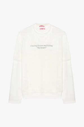 Tül Tişört Garnili Oversize Sweatshirt Ekru