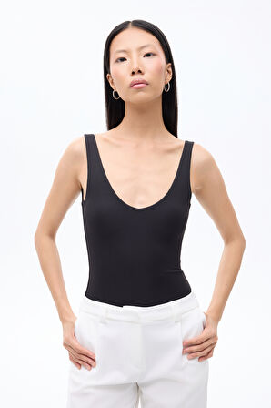 V Yaka Bodysuit Siyah