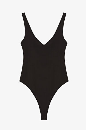 V Yaka Bodysuit Siyah