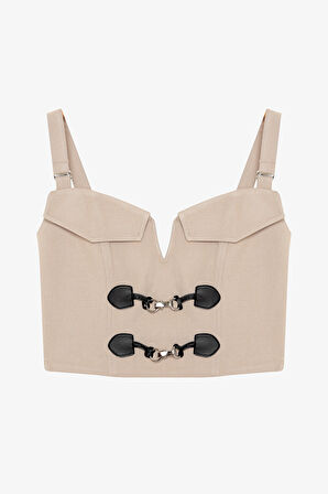 Toka Aksesuarlı Askılı Büstiyer Bluz Bej