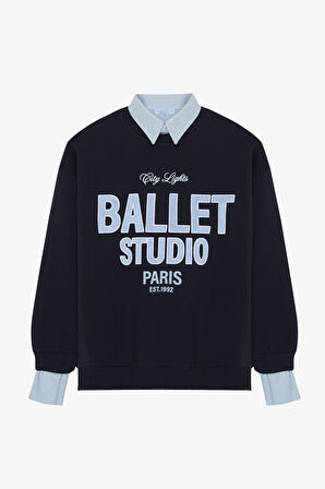 Gömlek Garnili Oversize Baskılı Sweatshirt Lacivert