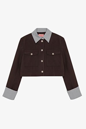 Yaka ve Manşet Garnili Kısa Ceket Kahverengi