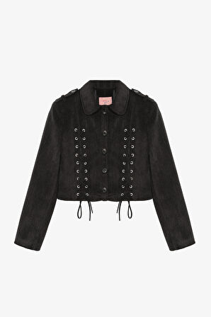 Bağcıklı Kadife Fitilli Ceket Siyah