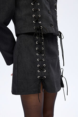 Bağcıklı Kadife Fitilli Mini Etek Siyah