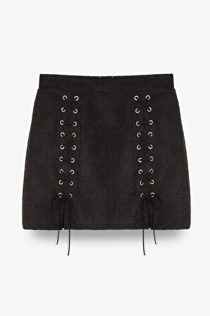 Bağcıklı Kadife Fitilli Mini Etek Siyah