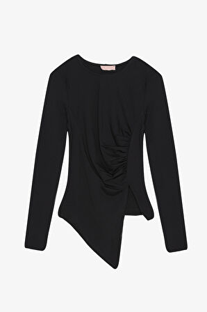 Drapeli Asimetrik Bluz Siyah