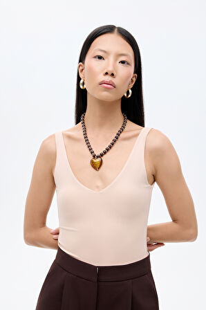V Yaka Bodysuit Bej