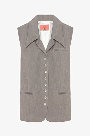 Kuşaklı Düğmeli Yelek Ceket Gri