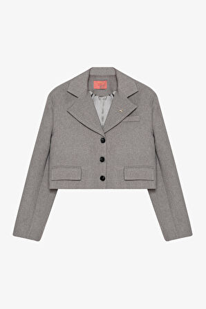 Broş Aksesuarlı Düğmeli Crop Blazer Ceket Gri