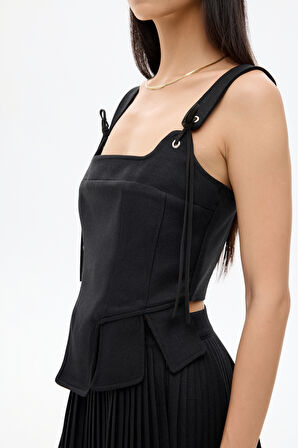 Askılı Bağlamalı Korse Bluz Siyah