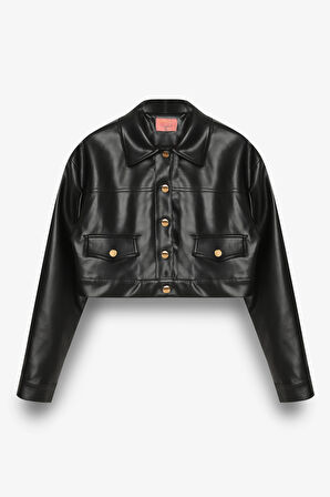 Çift Cepli Düğmeli Crop Deri Ceket Siyah