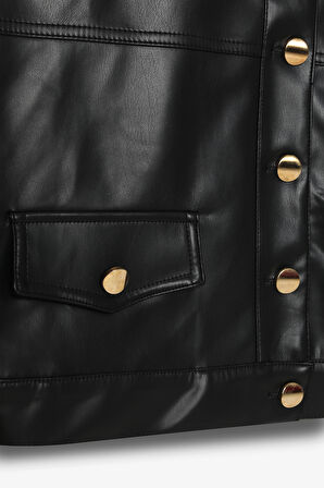 Çift Cepli Düğmeli Crop Deri Ceket Siyah