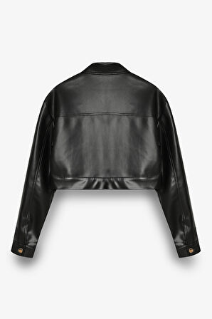 Çift Cepli Düğmeli Crop Deri Ceket Siyah