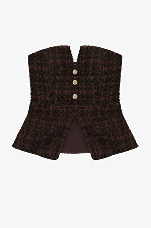 Düğmeli Tüvit Straplez Büstiyer Bluz Kahverengi