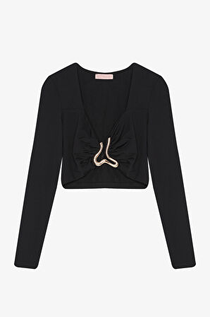 Drapeli Tokalı Crop Bluz Siyah
