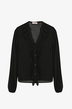 Fırfırlı V Yaka Transparan Gömlek Siyah