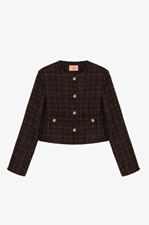 Yuvarlak Yaka Gold Düğmeli Tüvit Ceket Kahverengi