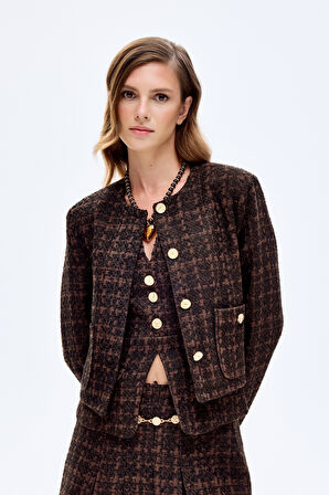 Yuvarlak Yaka Gold Düğmeli Tüvit Ceket Kahverengi