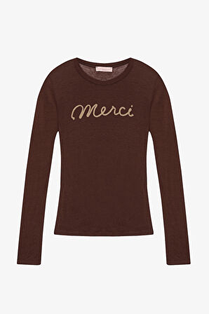 Yazı Nakışlı Tül Bluz Kahverengi