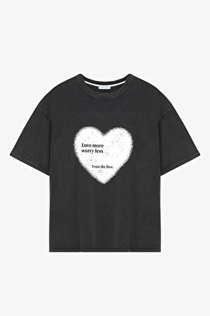 Kalp Baskılı Oversize Tişört Antrasit