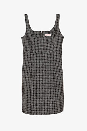 Ekose Kare Yaka Mini Elbise Kahverengi