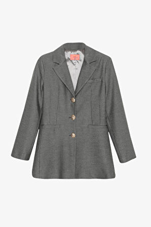 Kazayağı Desenlı Düğmeli Blazer Ceket Gri