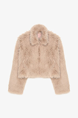 Fermuarlı Kısa Kürk Ceket Bej