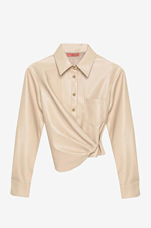 Quzu Bağlama Detaylı Kadın Deri Gömlek